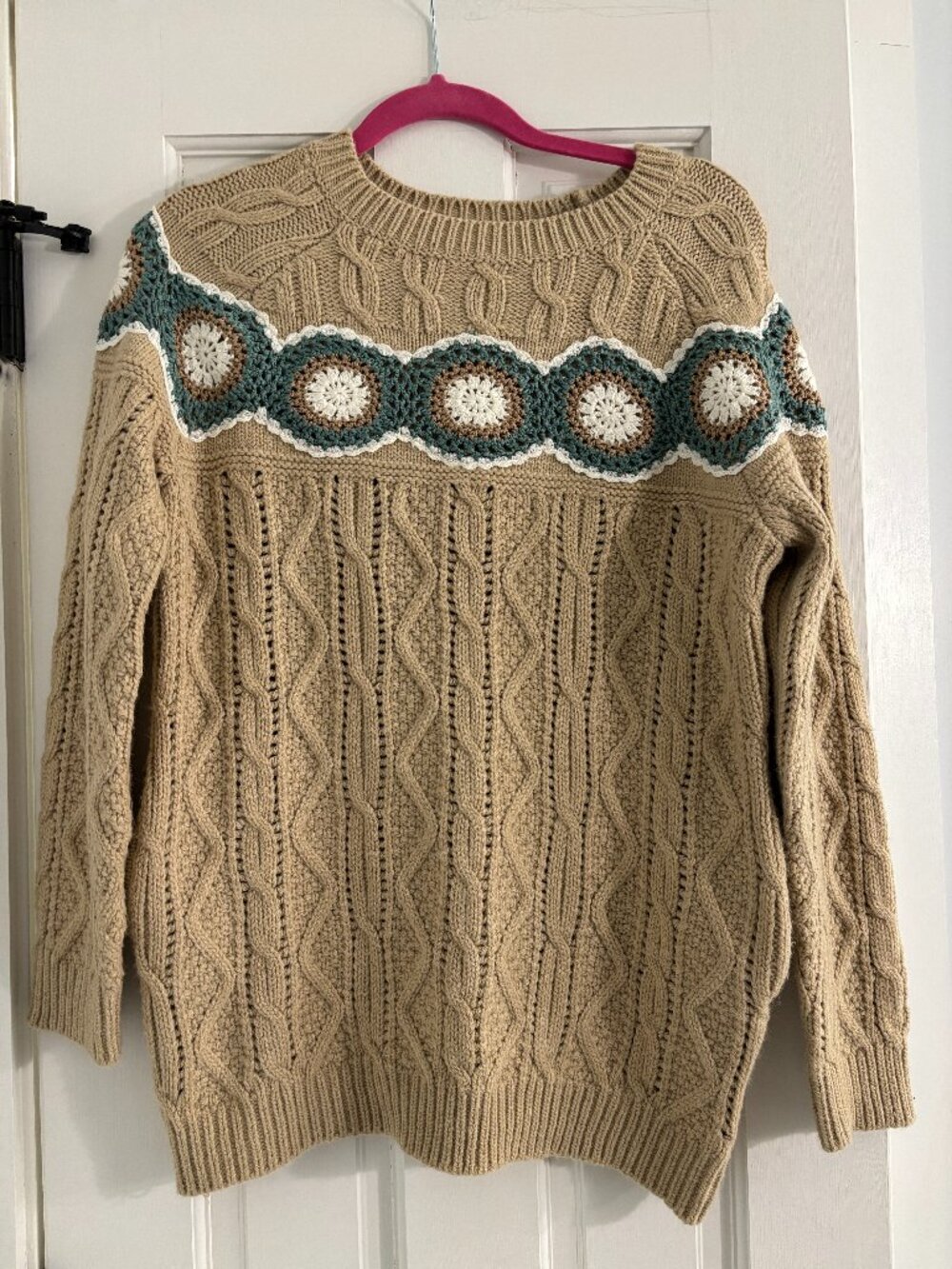 Listicle Boho Crochet Yoke Sweater - Tan - Medium